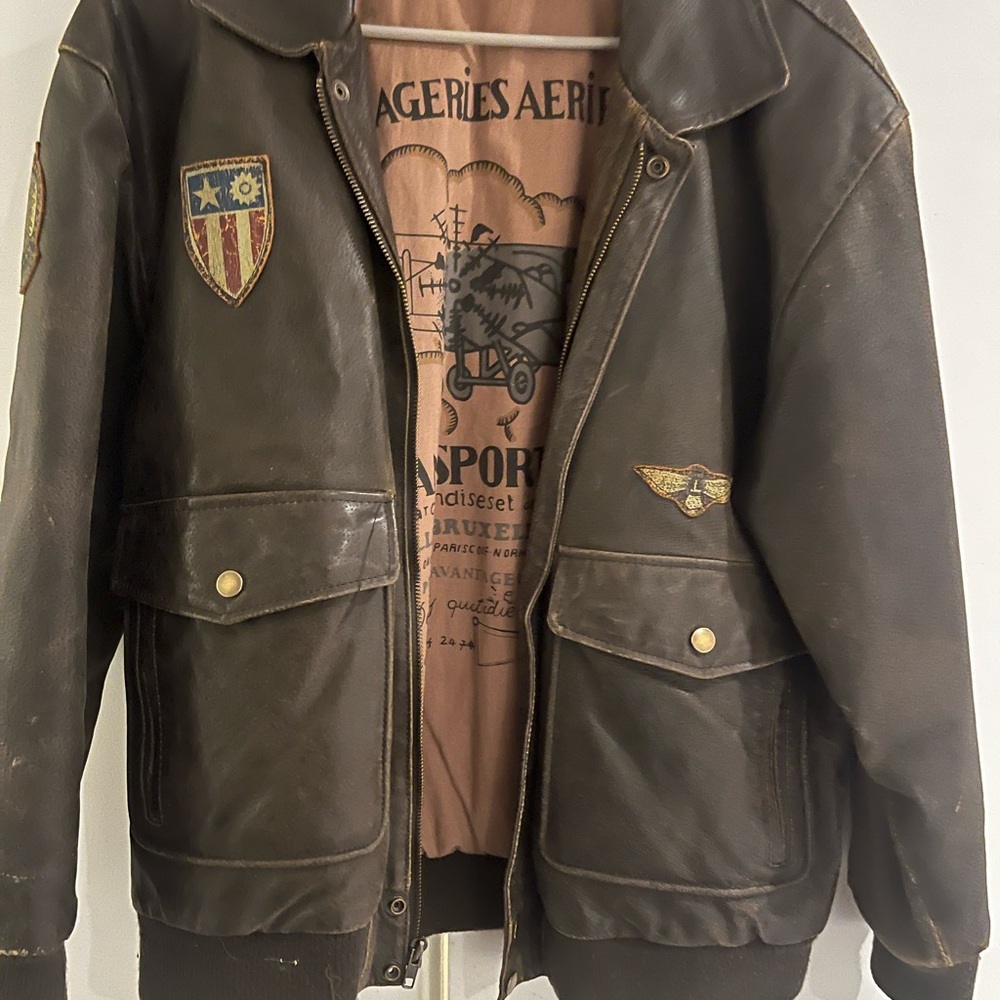Vintage Brown Leather Bomber Jacket with Patches